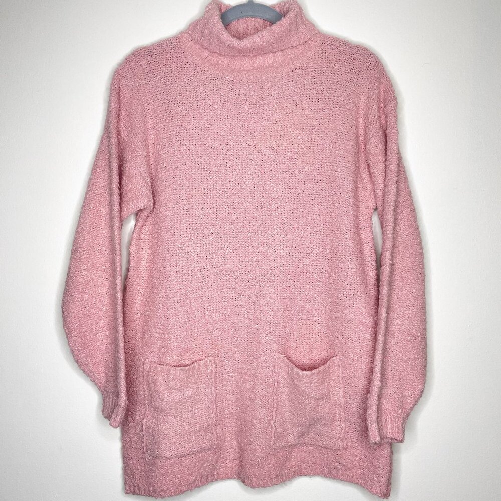 Vintage 90s A|M Sport Pink Bouclé Turtleneck‎ Sweater S Cozy Y2K Lounge Pockets